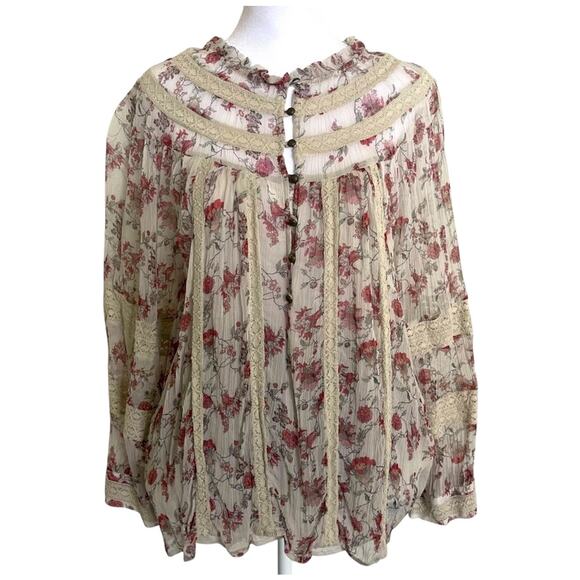 Anthropologie Boho Blouse tiny floral crinkle chiffon lace trim poet sleeve S - Picture 3 of 14